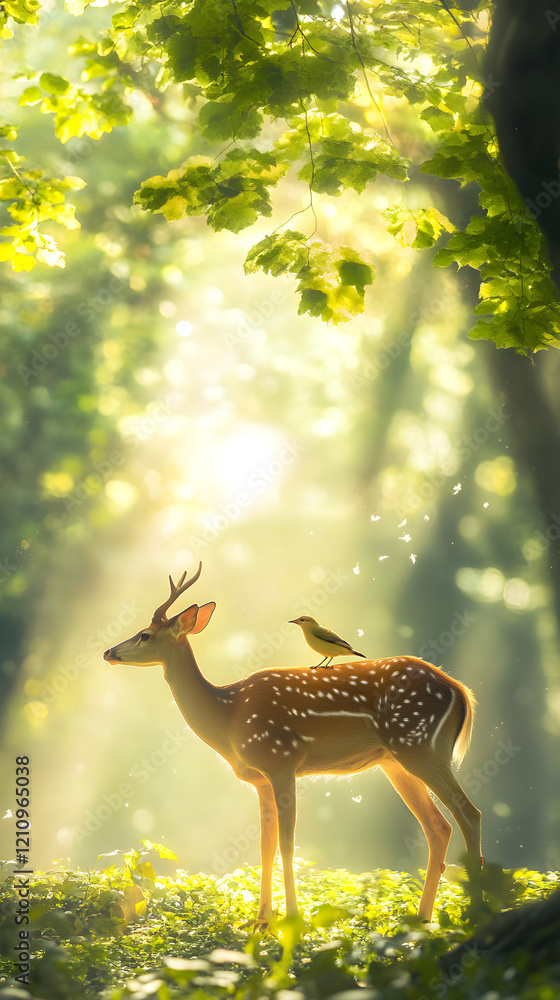 Fototapeta premium Symbiotic Harmony: Bird and Deer in Serene Natural Setting, Highlighting Mutualism and Coexistence in Nature's Balance