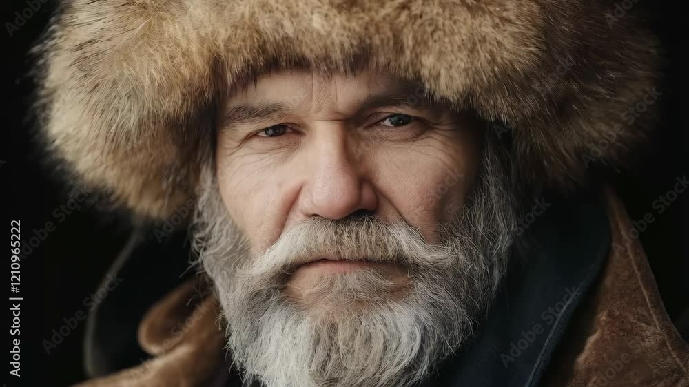 Elderly man in fur hat displaying warm expressions and subtle movements Elderly man in fur hat displaying warm expressions and subtle movements