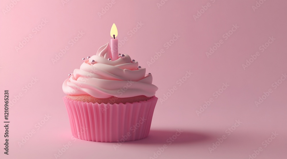 Pink cupcake with single lit candle and sprinkles on pink background. Pink cupcake with single lit candle and sprinkles on pink background.