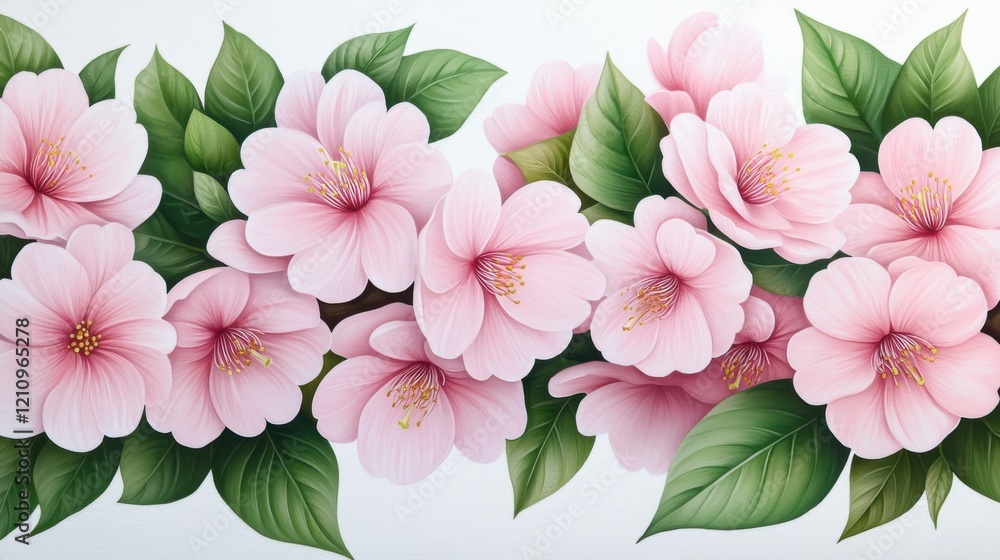 Fototapeta premium Beautiful Pink Flowers with Green Leaves on a Light Background for Decorative and Botanical Use