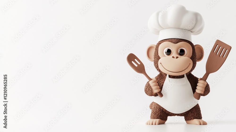 Cute cartoon monkey chef holding spatula and spoon. Cute cartoon monkey chef holding spatula and spoon.