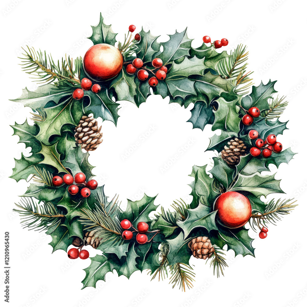Holiday Wreath with Holly Berries and Pine Cones on White Background Holiday Wreath with Holly Berries and Pine Cones on White Background