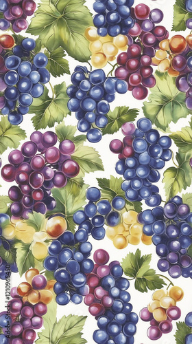Wallpaper Mural Grape Bunch Pattern with Green Leaves on White Background Torontodigital.ca