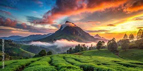 Ranganaswamy Peak, Kodanadu Tea Estate, bathed in sunrise hues. photo