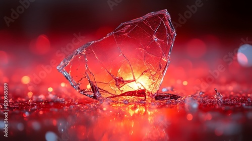 Shattered Glass Fragment Illuminated Red Background photo