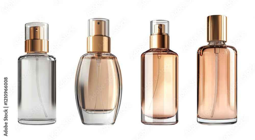 Naklejka premium Four elegant perfume bottles isolated on a transparent background showcasing various designs and colors