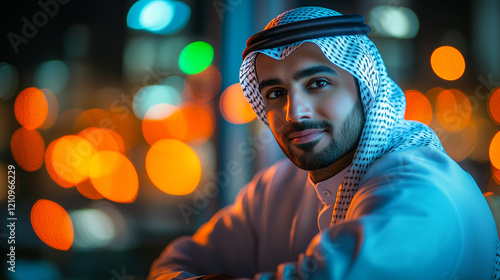 Portrait of a Man in Traditional Arab Clothing at Night. Banner with Empty Space for Text.