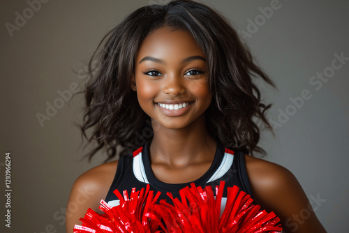 Portrait of a Young Black Cheerleader with Pom-Poms