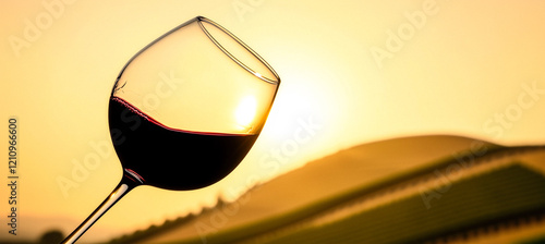 Red Wine Glass Against Sunset Hill Background