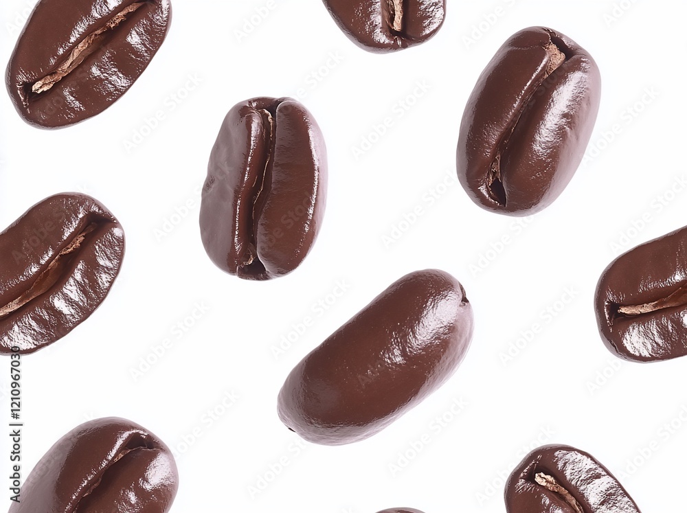 Close-up of roasted coffee beans scattered on white background. Close-up of roasted coffee beans scattered on white background.