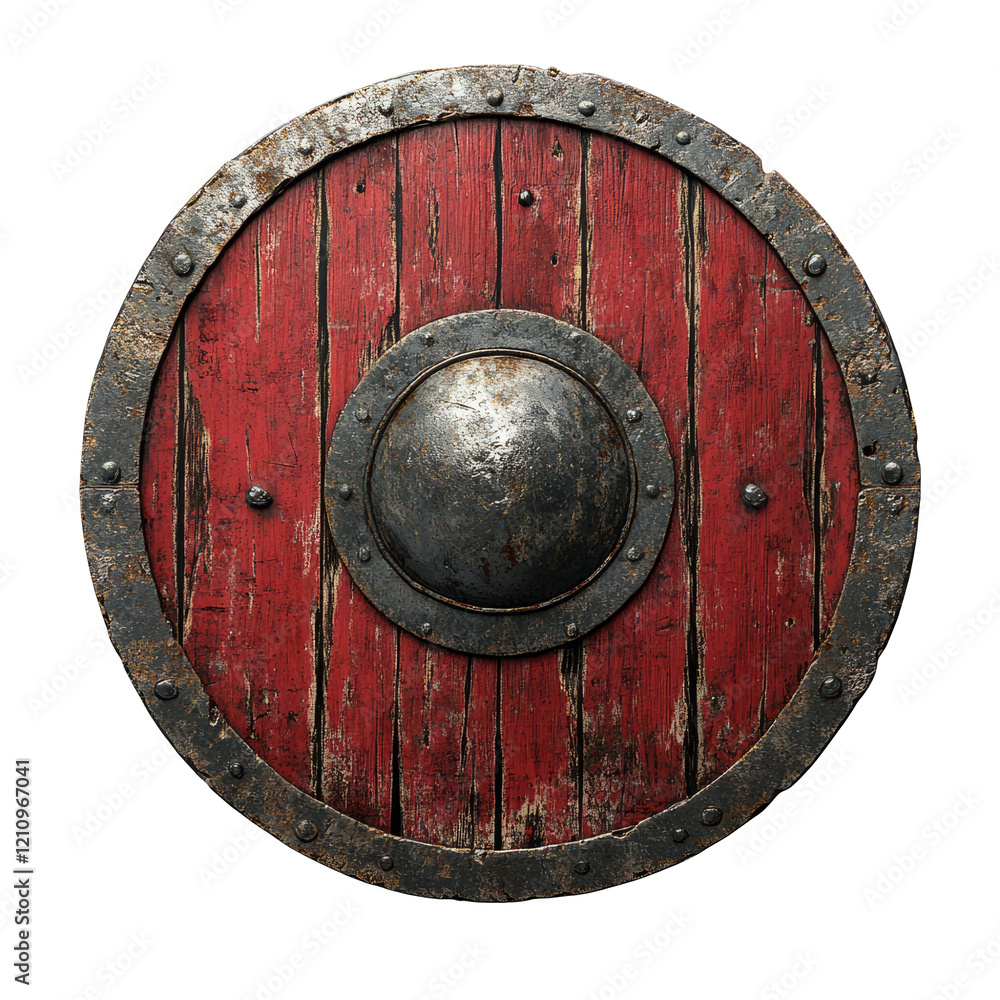Naklejka premium Rustic Medieval Shield with Red Wood and Dark Metal Centerpiece