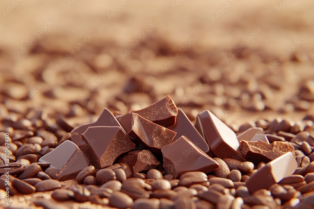 Close-up of broken dark chocolate pieces on coffee beans. Close-up of broken dark chocolate pieces on coffee beans.