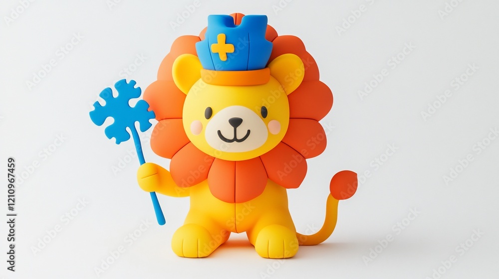 Cute cartoon lion in a doctor's hat holding a snowflake. Cute cartoon lion in a doctor's hat holding a snowflake.