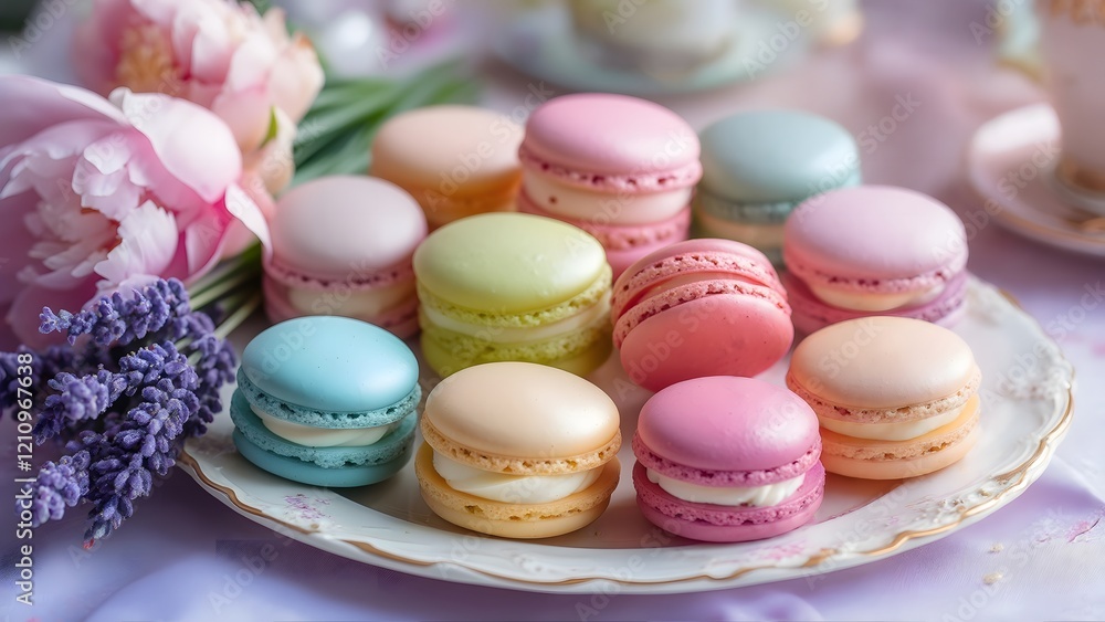 Obraz premium Colorful French Macarons on a Decorative Plate with Flowers
