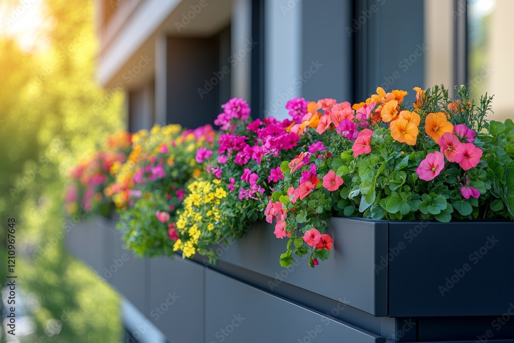Fototapeta premium Urban Oasis: Vibrant Green Plants and Colorful Outdoor Furniture on Modern Garden Balconies