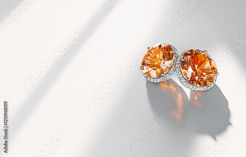 Elegant orange gemstone earrings on white background. photo