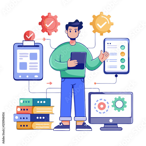 In a vibrant digital workspace, a tester examines compatibility issues by interacting with various devices and software, ensuring seamless user experience across platforms
