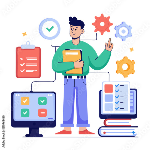 A tester is performing compatibility testing in an office setting surrounded by various tools. The tester holds documents and gestures toward digital displays and checklists, showcasing their work