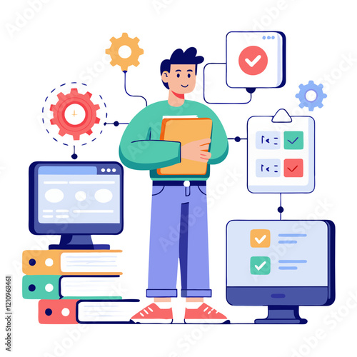 A tester stands with a folder, surrounded by monitors and tools, engaging in compatibility testing across different software programs. The modern office is vibrant and organized