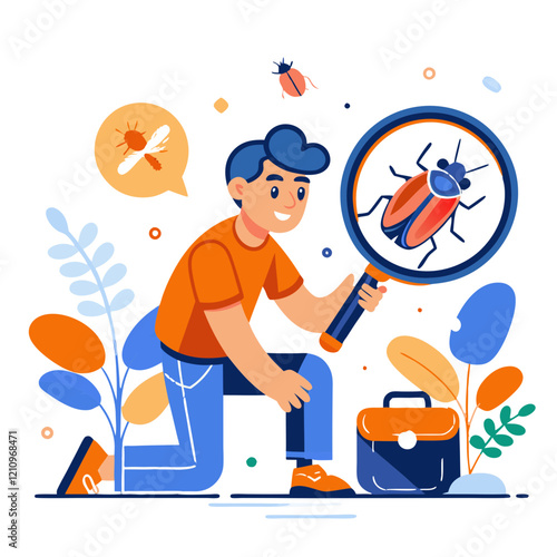 A tester actively searches for hidden bugs in a lively office environment. Surrounded by colorful plants and creatures, he examines with a magnifying glass, focused on quality assurance