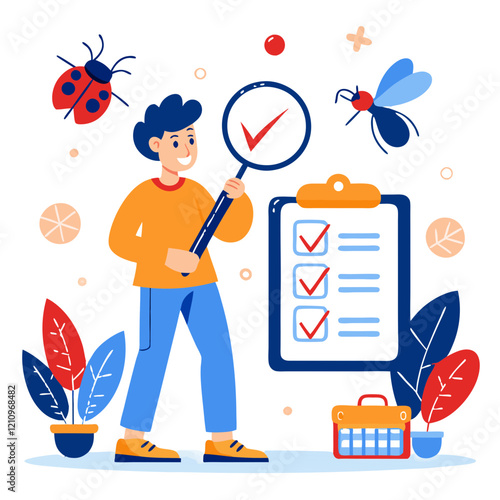 A tester observes bugs in a codebase with a magnifying glass, checking off items on a clipboard in a lively workspace filled with plants and illustrated insects