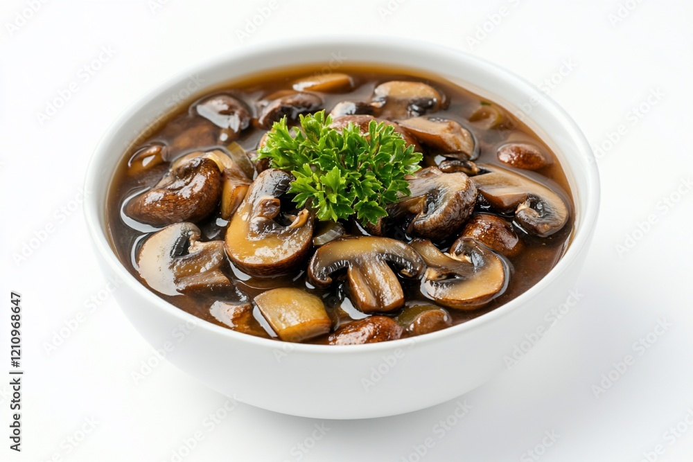 Bowl of delicious sauteed mushrooms in a rich brown sauce, garnished with fresh parsley. Bowl of delicious sauteed mushrooms in a rich brown sauce, garnished with fresh parsley.