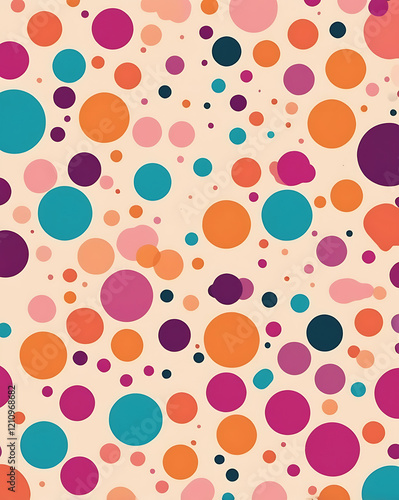 A playful abstract background with irregular polka dots in vibrant colors like orange, teal, and magenta, scattered over a cream-colored canvas