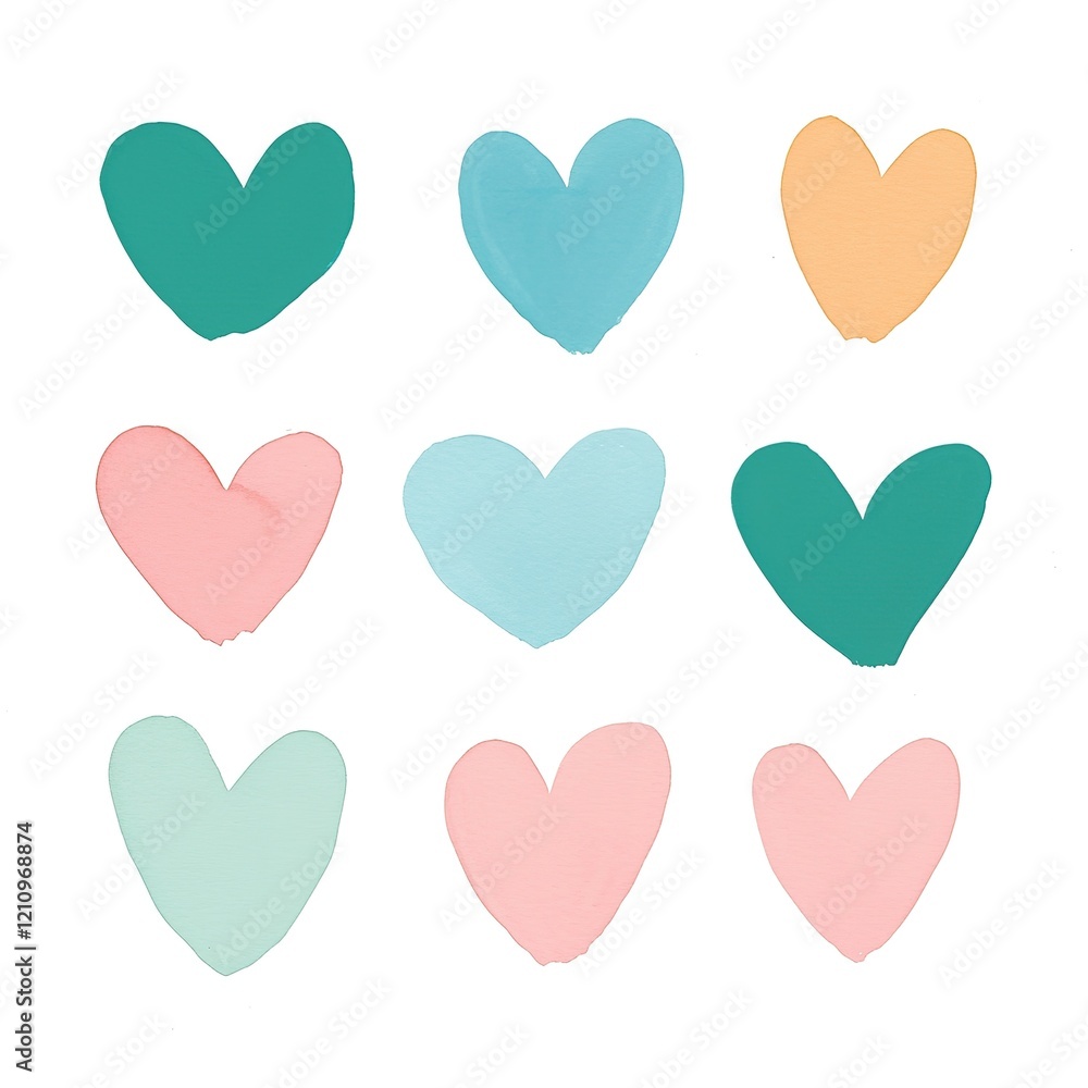 A grid of colorful heart shapes in various pastel shades, arranged in a 3x3 pattern, conveying warmth and affection. A grid of colorful heart shapes in various pastel shades, arranged in a 3x3 pattern, conveying warmth and affection.
