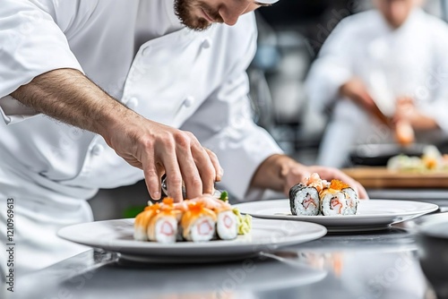 Wallpaper Mural Chef carefully plating gourmet sushi rolls in a professional kitchen. Torontodigital.ca