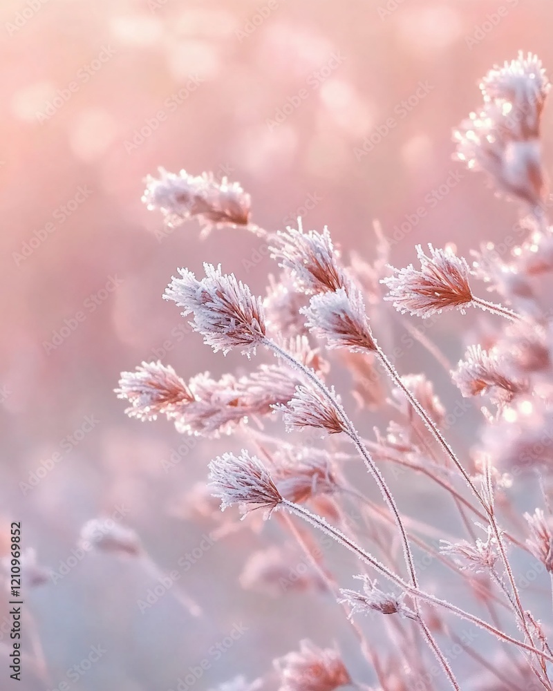 Frosty plants in soft pink sunrise light. Frosty plants in soft pink sunrise light.
