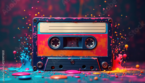 Colorful melting cassette tape music party. Retro style illustration. Creative design concept. Vibrant colors. Groovy vintage nostalgia. Celebration of music. Melting tape, colorful drops, splashes. photo