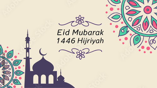 illustration of a mosque and eid mubarak 1446 hijriah 