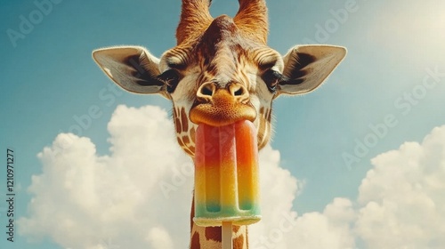 Giraffe Eating Rainbow Popsicle.