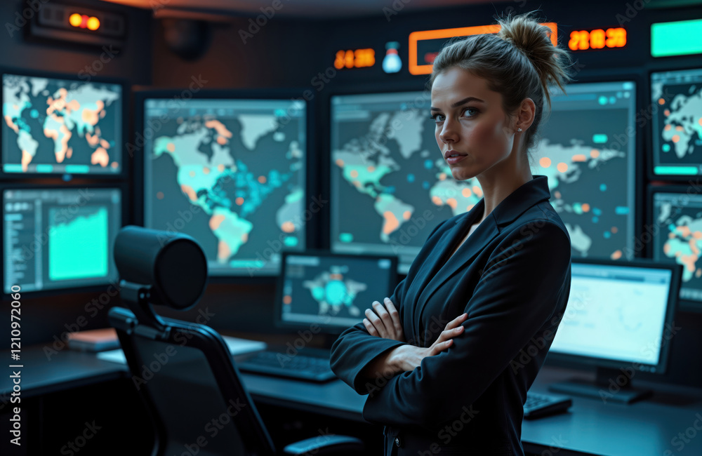 Confident female spy in futuristic command center. Woman stands in front of glowing monitors. Global security operations. Monitoring world maps, data. Planning response. Future tech. Modern Confident female spy in futuristic command center. Woman stands in front of glowing monitors. Global security operations. Monitoring world maps, data. Planning response. Future tech. Modern