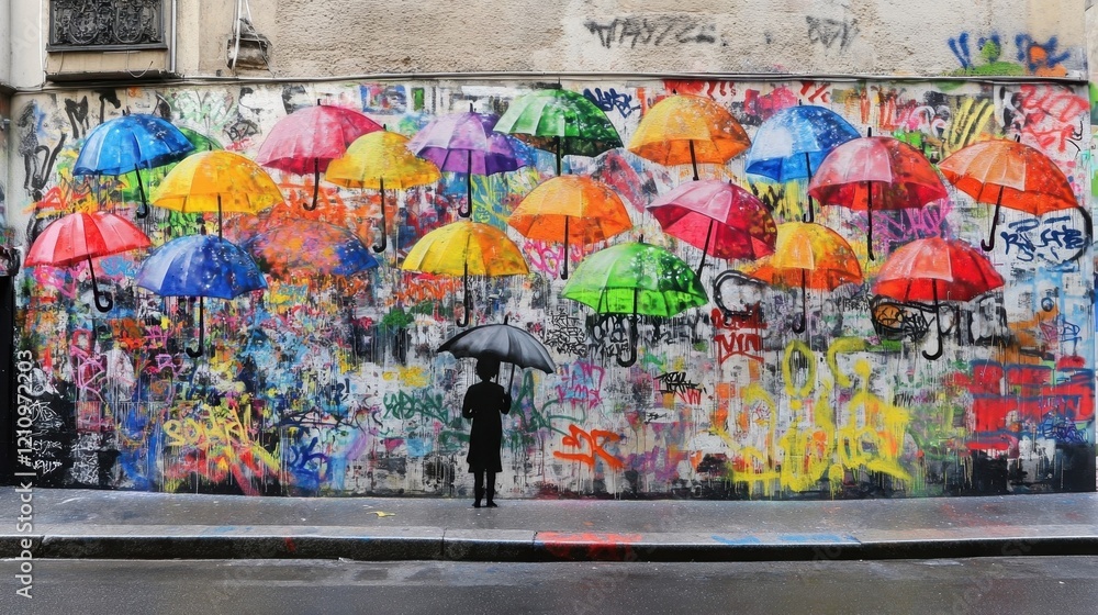Naklejka premium Colorful Umbrellas Graffiti Wall Art