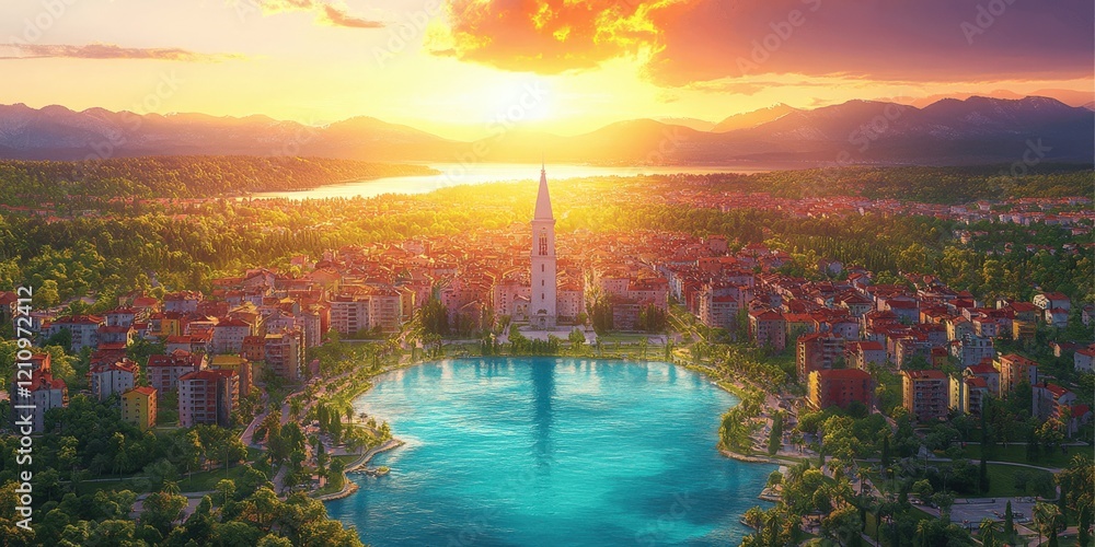 Fototapeta premium Breathtaking Sunset over Vibrant Cityscape with Majestic Cathedral by Tranquil Lake and Lush Green Forests â€“ Perfect for Travel Enthusiasts and Nature Lovers