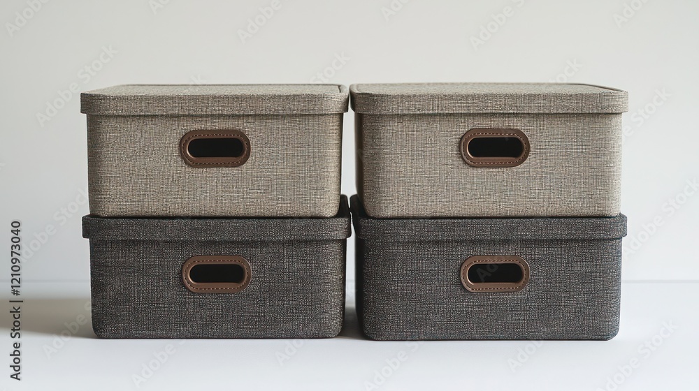 Fototapeta premium Fabric storage boxes, stacked, white background, organized, home organization
