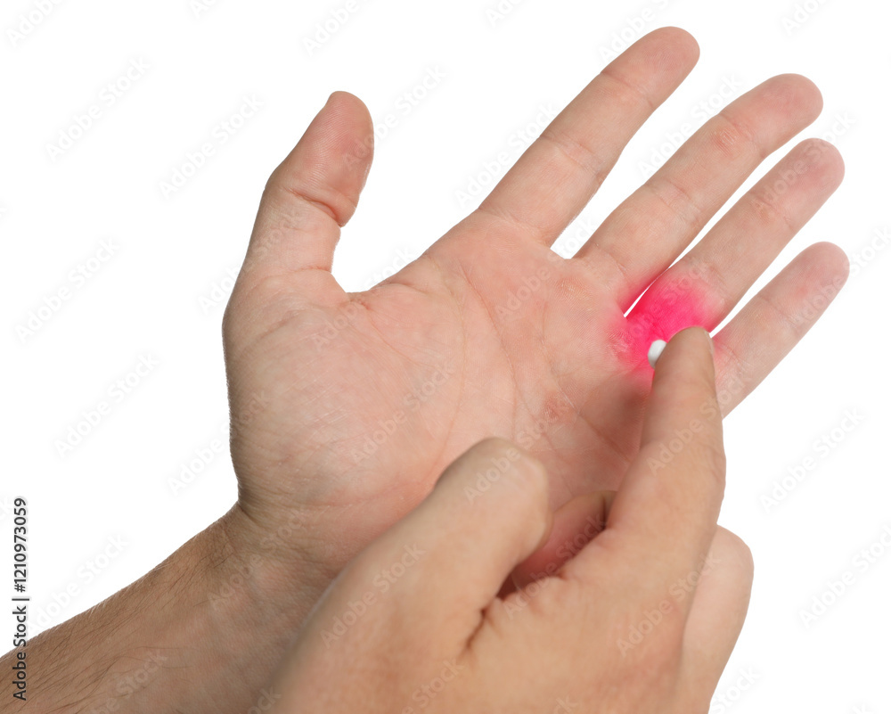 Man with joint inflammation applying cream on white background, closeup Man with joint inflammation applying cream on white background, closeup