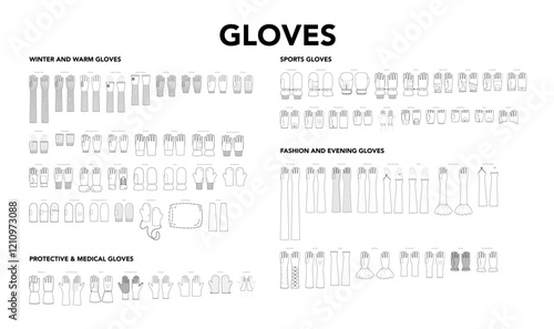 Set of Gloves - Evening Winter Warm Sports and Protective Medical Fashion with names hand accessory clothing technical illustration garment. Vector flat template cartoon isolated on white background