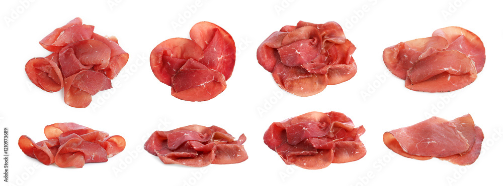 Tasty fresh bresaola isolated on white, top and side views Tasty fresh bresaola isolated on white, top and side views