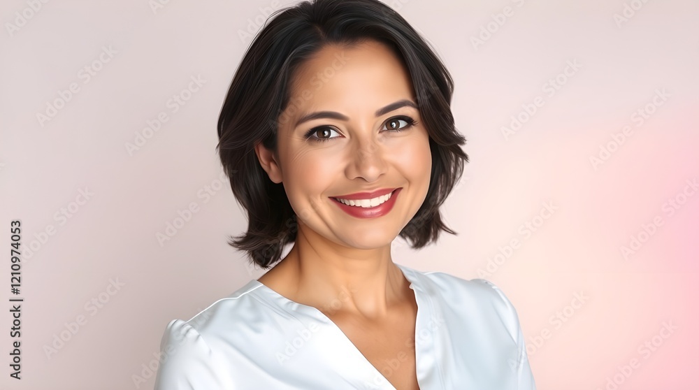 a woman in her thirties with short, layered dark hair, light clear skin, and dark brown eyes. She smiles, wearing a fitted white V-neck blouse a woman in her thirties with short, layered dark hair, light clear skin, and dark brown eyes. She smiles, wearing a fitted white V-neck blouse