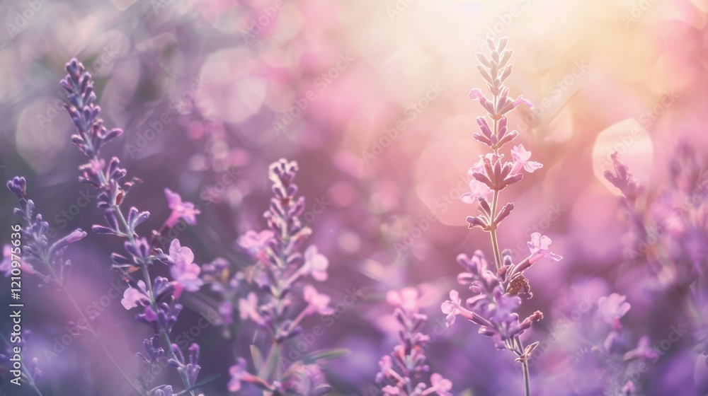 Beautiful Lavender Flowers in an Enchanting Field During Golden Hour with Soft Lighting and Delicate Bokeh Effect Creating a Dreamy Atmosphere Beautiful Lavender Flowers in an Enchanting Field During Golden Hour with Soft Lighting and Delicate Bokeh Effect Creating a Dreamy Atmosphere