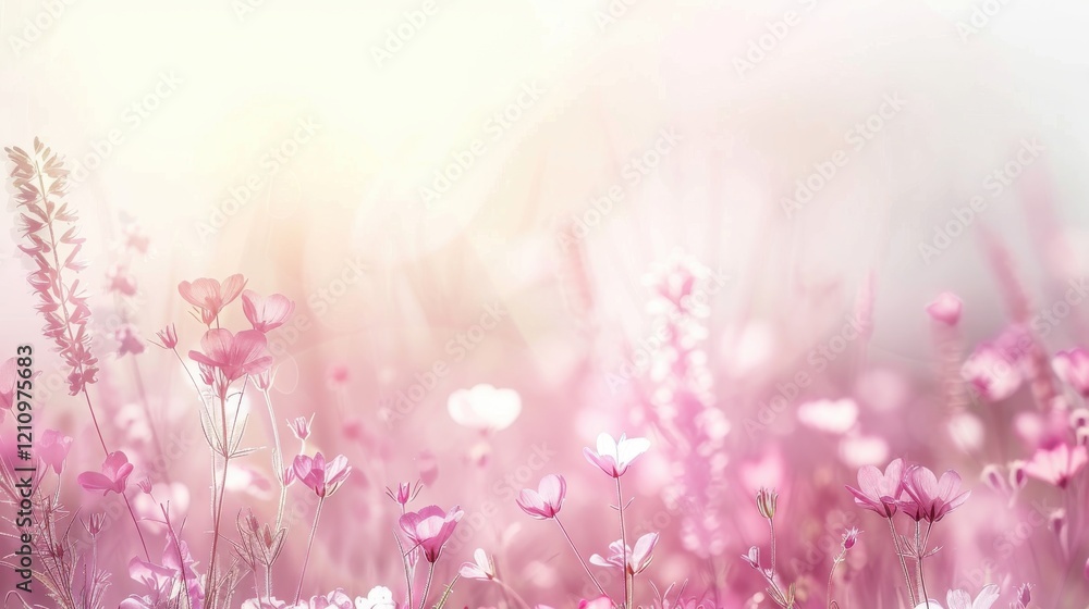 Obraz premium Ethereal Blooming Flowers in Soft Focus Creating a Dreamy Atmosphere with Delicate Shades of Pink and White Under a Gentle Glare of Sunlight in a Pastoral Setting