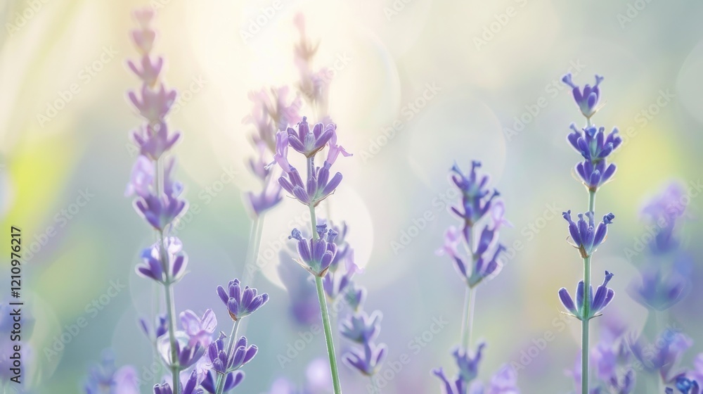 Naklejka premium Delicate Lavender Flowers Glowing in Soft Light with a Dreamy Background Creating an Ethereal Atmosphere of Serenity and Calmness in Nature's Beauty