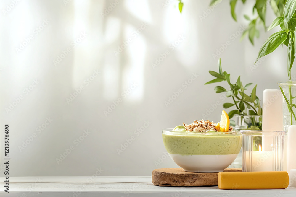 calming corner featuring smoothie bowl, yoga block, and greenery, creating serene atmosphere perfect for relaxation and mindfulness calming corner featuring smoothie bowl, yoga block, and greenery, creating serene atmosphere perfect for relaxation and mindfulness