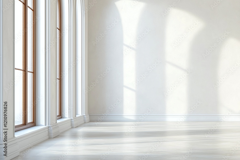 Fototapeta premium Bright and airy interior featuring large windows with wooden frames, white plastered walls, and soft shadows creating serene atmosphere. Ideal for modern design concepts