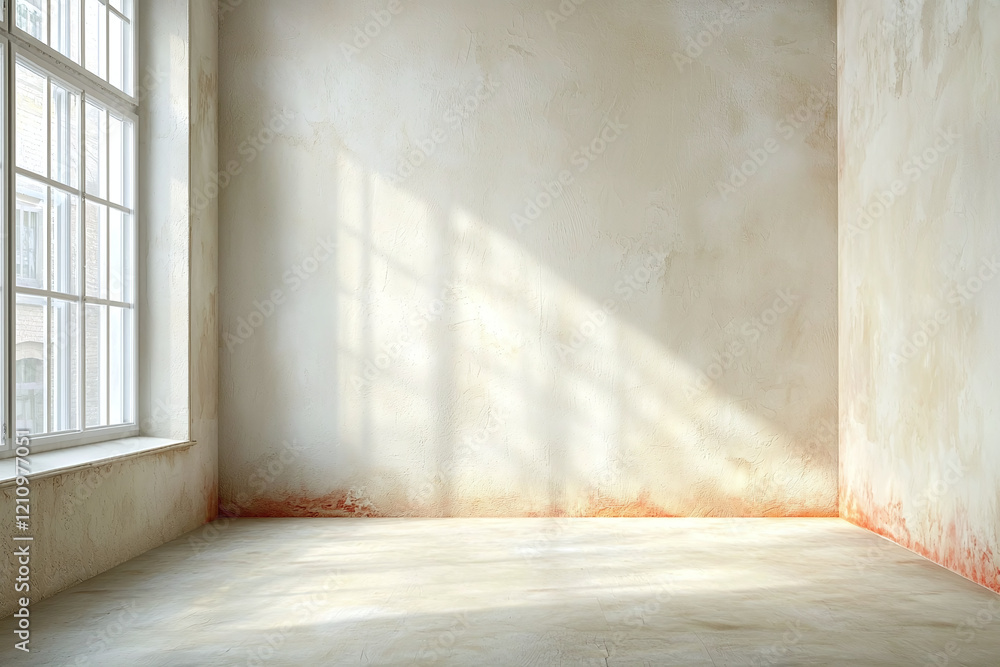 bright, empty room with smooth stucco walls and natural light streaming through large windows, creating soft shadows on floor. serene atmosphere invites creativity and calm bright, empty room with smooth stucco walls and natural light streaming through large windows, creating soft shadows on floor. serene atmosphere invites creativity and calm