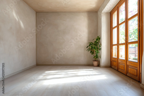 Wallpaper Mural bright, minimalist room with smooth stucco walls, wooden windows, and potted plant. sunlight creates soft shadows on floor, enhancing serene atmosphere Torontodigital.ca