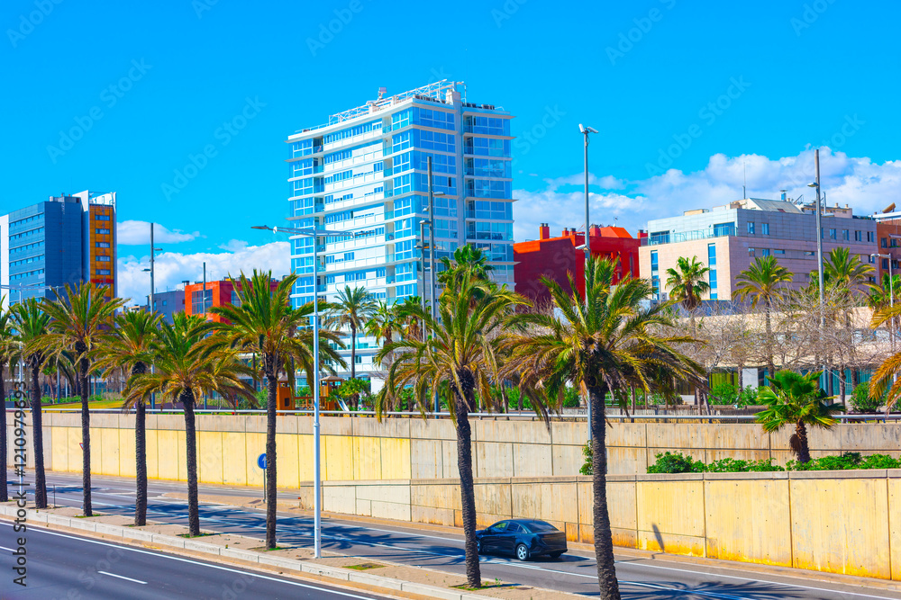 Modern Barcelona street scene featuring palm trees, a clear blue sky, and colorful contemporary buildings, including a high-rise with reflective glass windows, alongside a road with minimal traffic