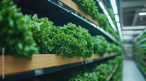 Fresh lettuce displayed on supermarket shelves photo